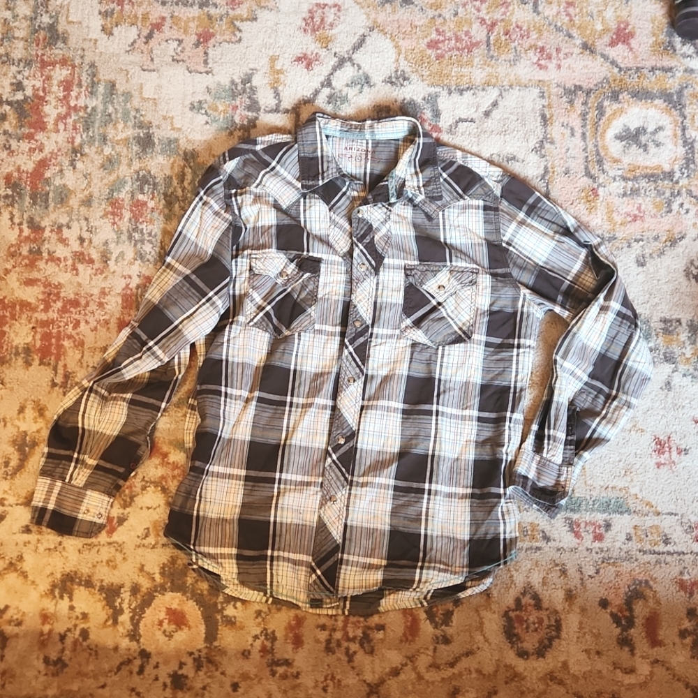 ARIZONA - Men's western snap shirt - Brown, White & Blue Plaid - Size L
